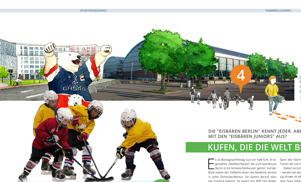 Illustration der Eisbären mit Maskottchen vor Sporthalle für das Kapitel Sportsponsoring