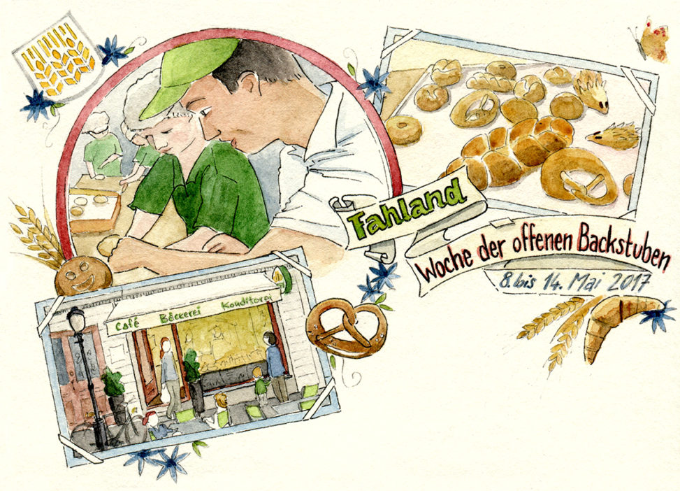 Illustrierte Postkarte der Bäckerei Fahland mit Cafészenen, handgeschriebener Schrift und Dekor