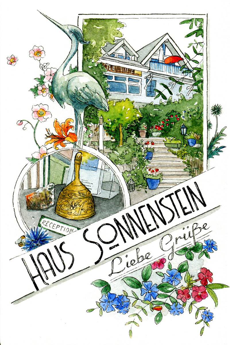 Illustrierte Grußkarte vom Haus Sonnenstein im Stil historischer Postkarten. Technik: Aquarell und Tusche.