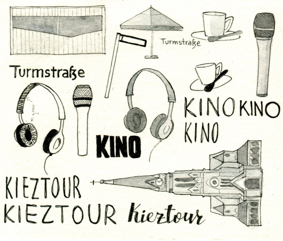 Scan einiger Illustrationen für die Postkarte zum Tag der Städtebauförderung: Kieztour und Kino