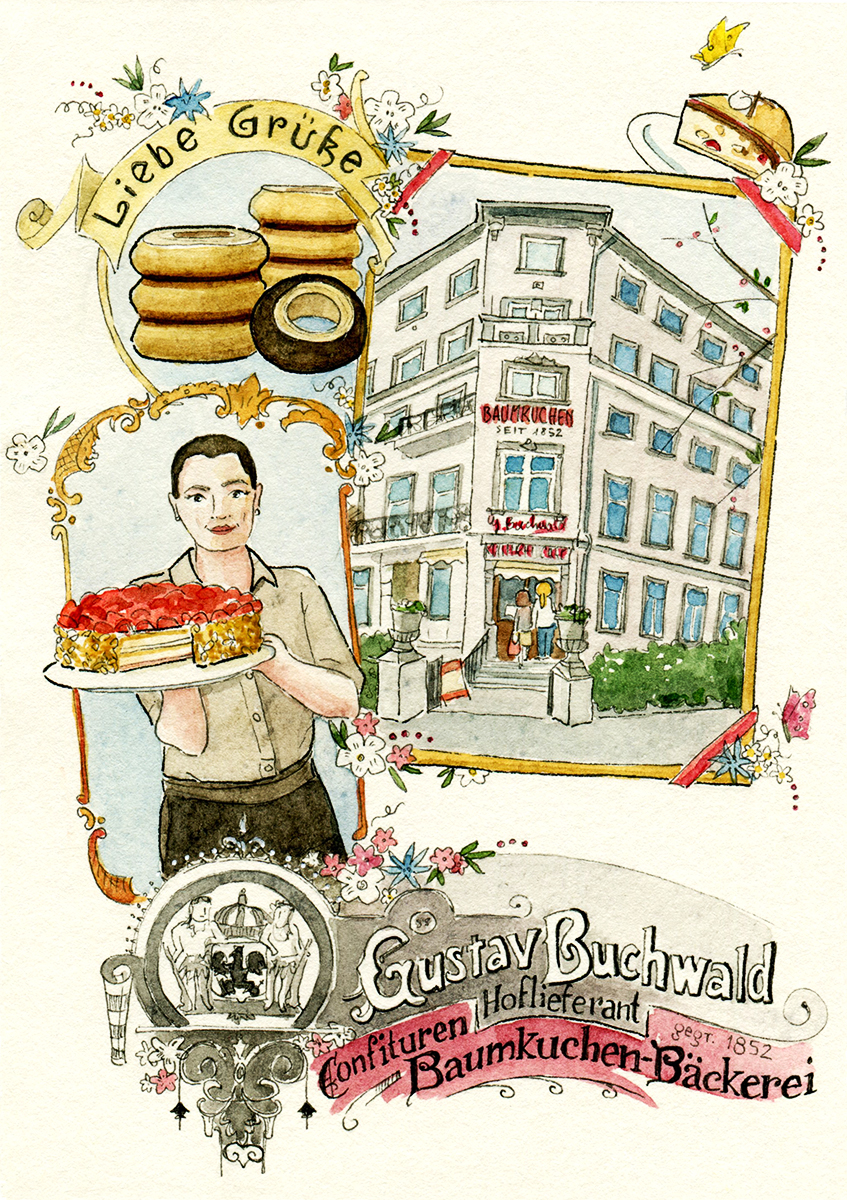Illustrierte Postkarte der Konditorei Buchwald mit Cafészenen, handgeschriebener Schrift und Dekor