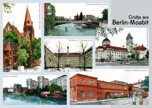 Postkarte "Grüße aus Berlin-Moabit": Arminiusmarkhalle, Rathaus Tiergarten, Kriminalgericht Moabit, Spree-Bogen, Gotzkowskbrücke, Heilige-Geist-Kirche