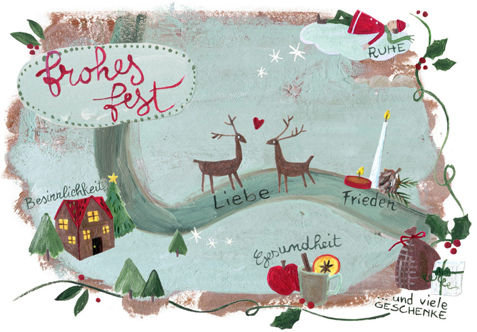 Dekorative Weihnachtskarte mit Haus, Rentieren und Kerze