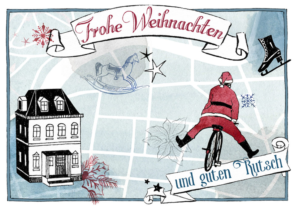 Nostalgische Weihnachtskarte mit Haus, Weihnachtsmann und Stadtplan