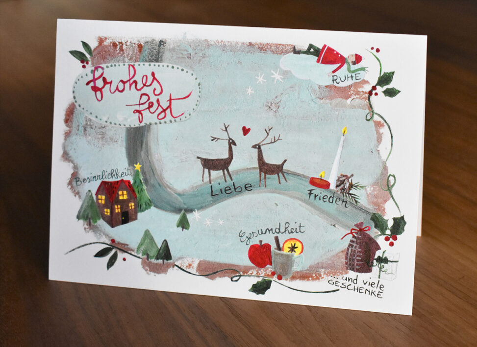 "Frohes Fest" Weihnachtskarte: Besinnlichkeit, Liebe, Frieden, Ruhe, Gesundheit ... und viele Geschenke