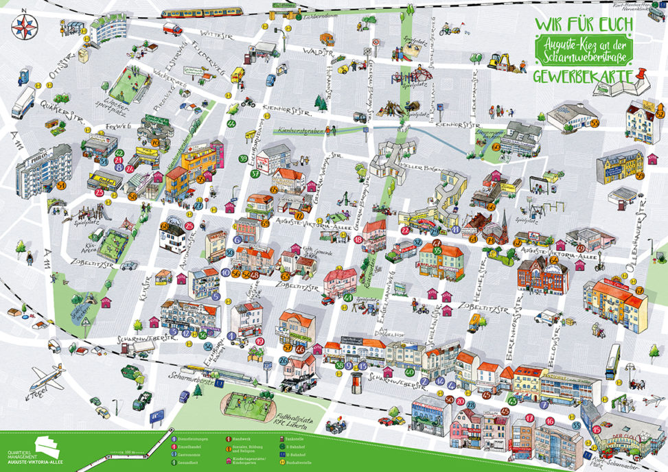 illustierter Stadtplan vom Auguste-Kiez in Berlin-Reinickendorf, Sara Contini-Frank