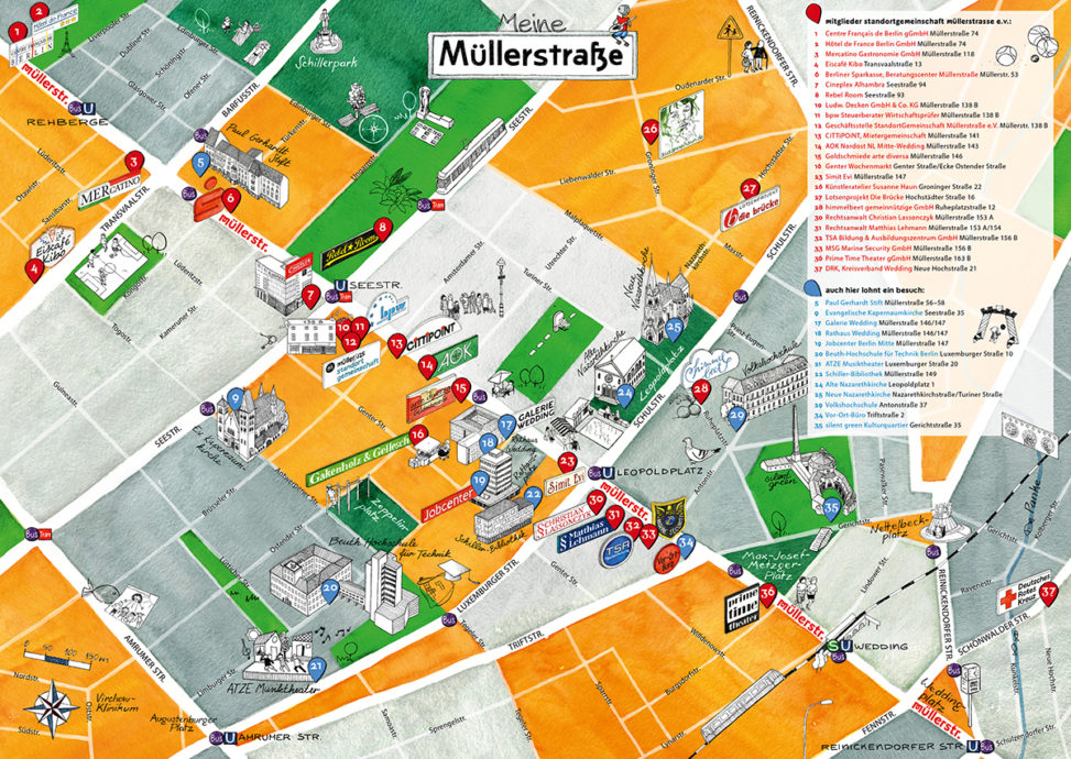 Illustrierter Stadtplan der Müllerstraße in Berlin-Wedding